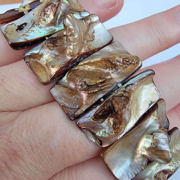 Vintage shell stretch bracelet chunky brown mother of pearl boho - Picture 7 of 10